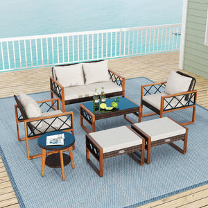 7 Pieces Patio Furniture Set PE Wicker Acacia Wood Outdoor Conversation Set view 6