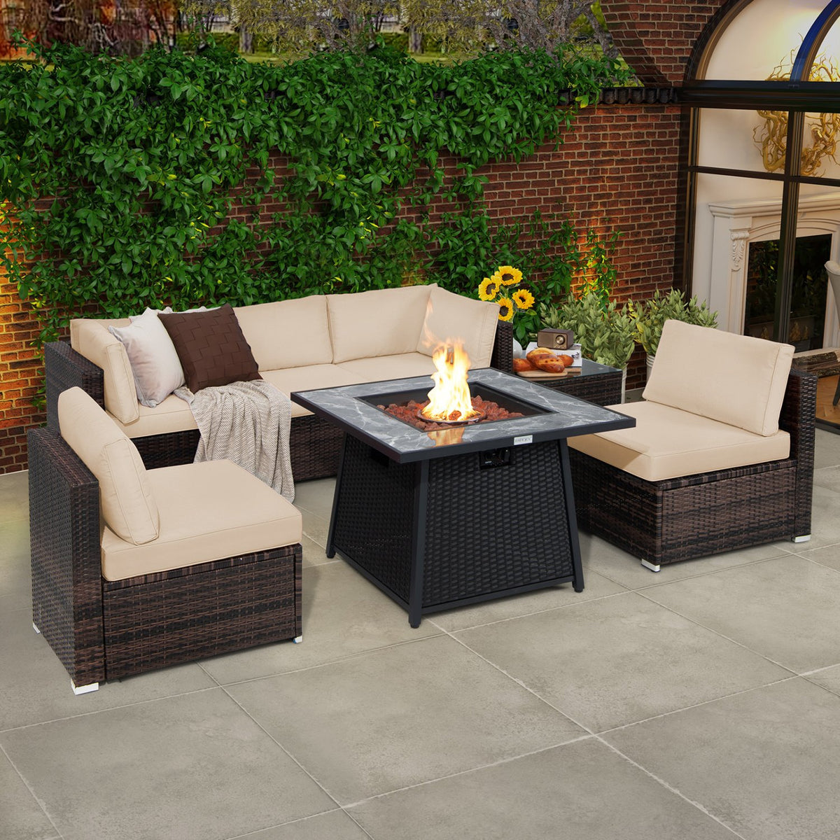 7 Pieces Patio Furniture Set with 35 Inches 50000 BTU Propane Gas Fire Pit Table and Waterproof Cover for Firpit-Beige view 2