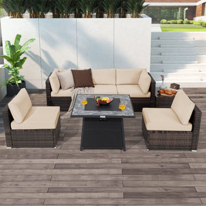 7 Pieces Patio Furniture Set with 35 Inches 50000 BTU Propane Gas Fire Pit Table and Waterproof Cover for Firpit-Beige view 3
