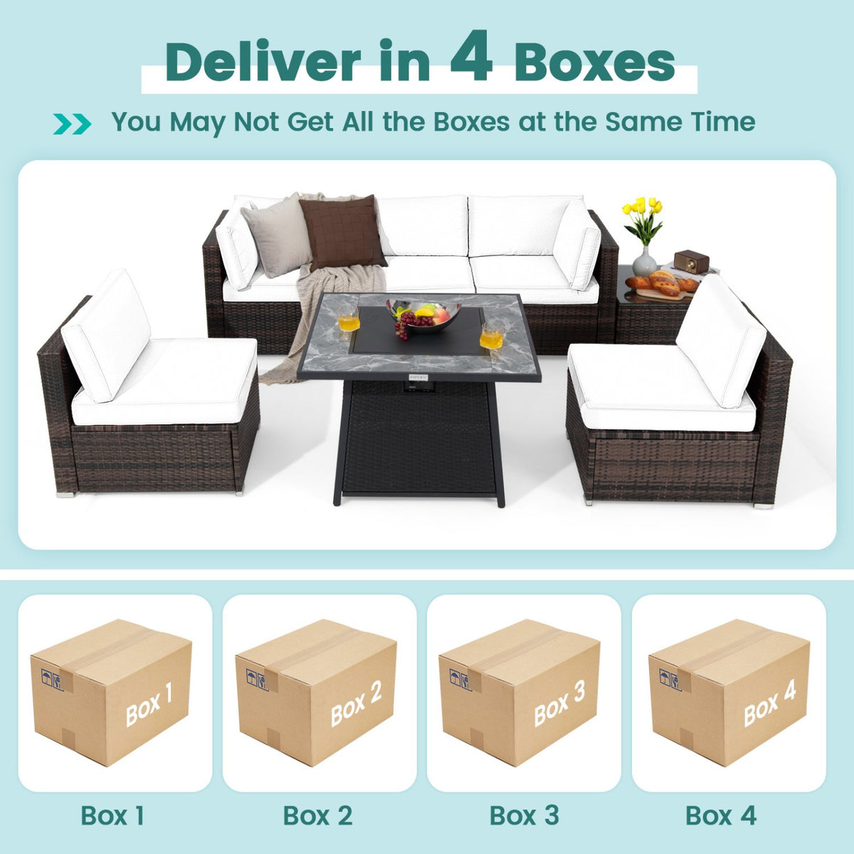 7 Pieces Patio Furniture Set with 35 Inches 50000 BTU Propane Gas Fire Pit Table and Waterproof Cover for Firpit-Beige view 8