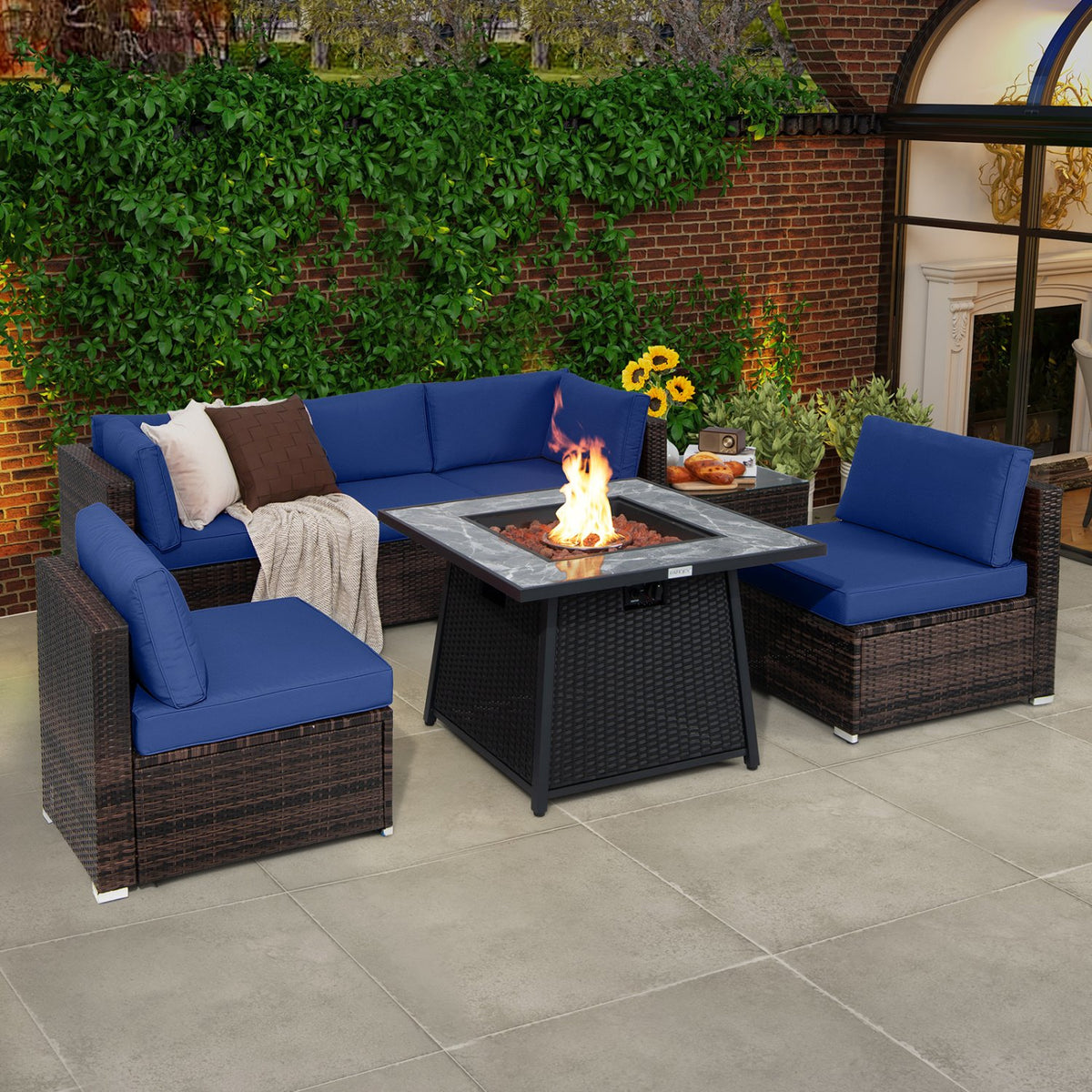 7 Pieces Patio Furniture Set with 35 Inches 50000 BTU Propane Gas Fire Pit Table and Waterproof Cover for Firpit-Navy view 2