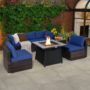 7 Pieces Patio Furniture Set with 35 Inches 50000 BTU Propane Gas Fire Pit Table and Waterproof Cover for Firpit-Navy view 2