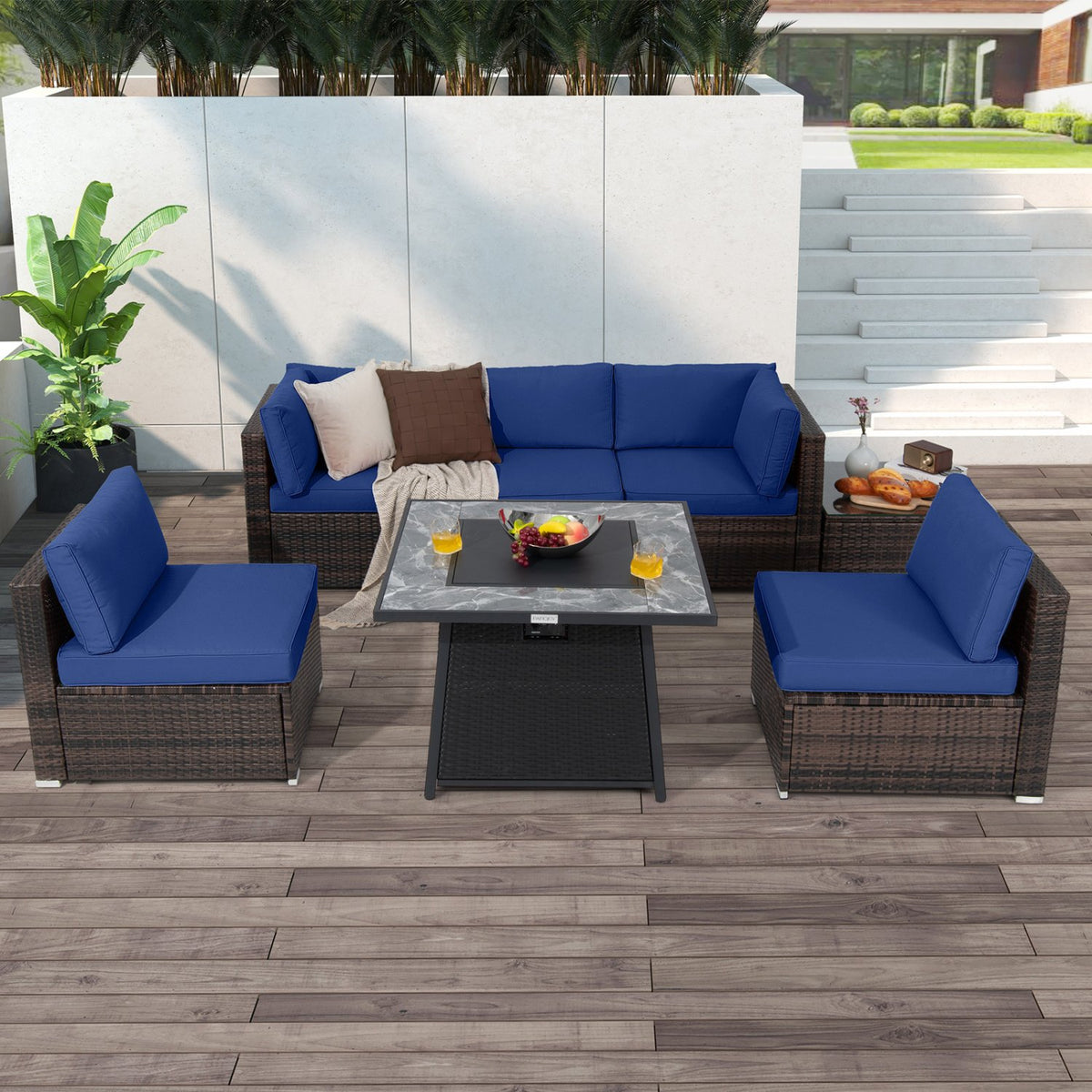 7 Pieces Patio Furniture Set with 35 Inches 50000 BTU Propane Gas Fire Pit Table and Waterproof Cover for Firpit-Navy view 3