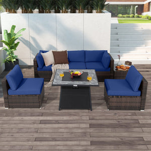 7 Pieces Patio Furniture Set with 35 Inches 50000 BTU Propane Gas Fire Pit Table and Waterproof Cover for Firpit-Navy view 3
