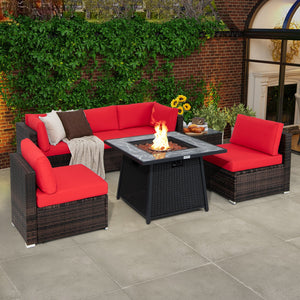7 Pieces Patio Furniture Set with 35 Inches 50000 BTU Propane Gas Fire Pit Table and Waterproof Cover for Firpit-Red view 2