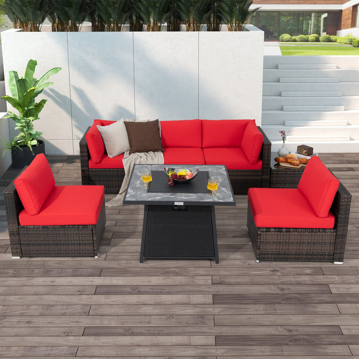 7 Pieces Patio Furniture Set with 35 Inches 50000 BTU Propane Gas Fire Pit Table and Waterproof Cover for Firpit-Red view 3