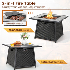 7 Pieces Patio Furniture Set with 35 Inches 50000 BTU Propane Gas Fire Pit Table and Waterproof Cover for Firpit-Red view 5
