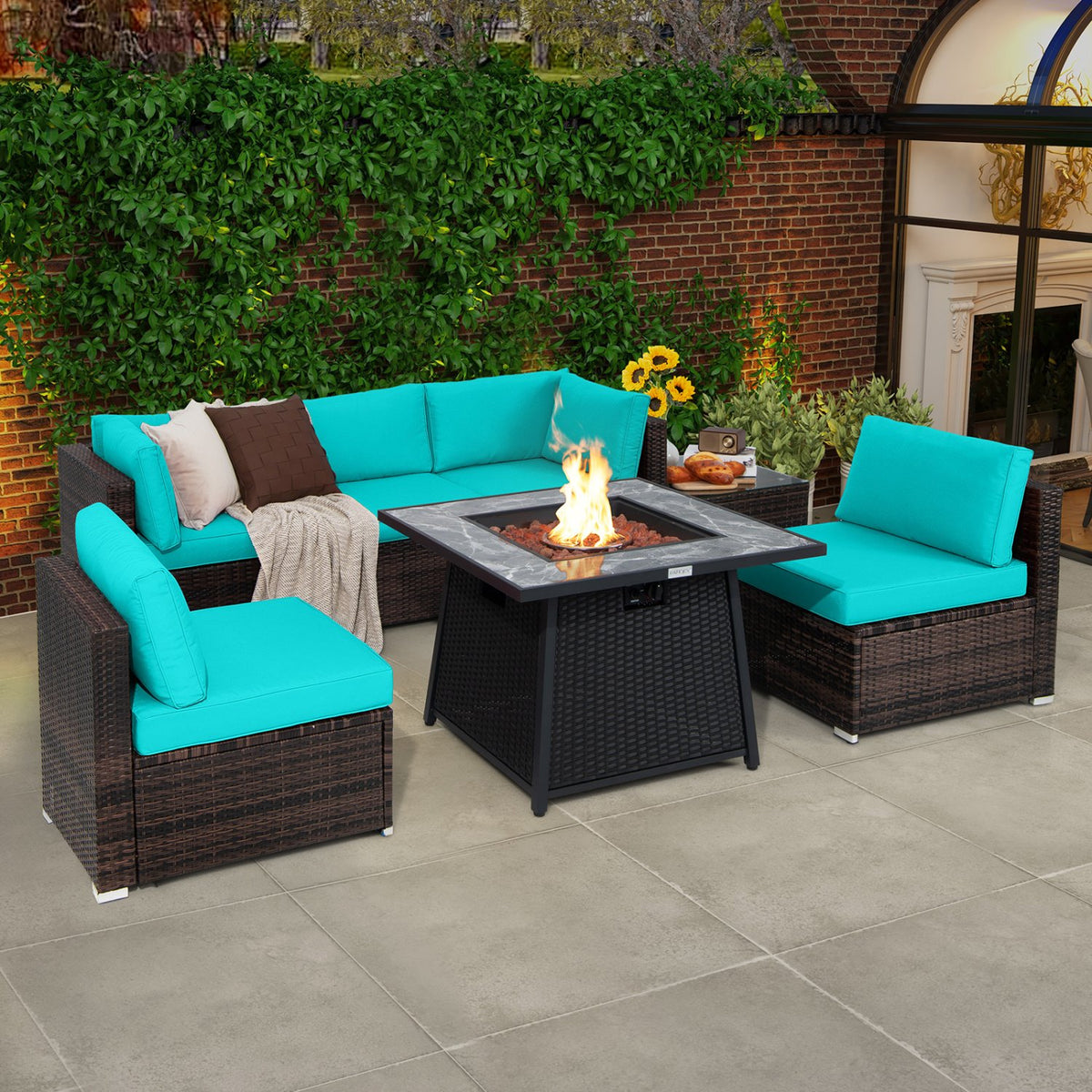 7 Pieces Patio Furniture Set with 35 Inches 50000 BTU Propane Gas Fire Pit Table and Waterproof Cover for Firpit-Turquoise view 2