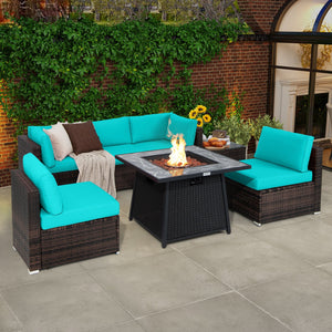 7 Pieces Patio Furniture Set with 35 Inches 50000 BTU Propane Gas Fire Pit Table and Waterproof Cover for Firpit-Turquoise view 2