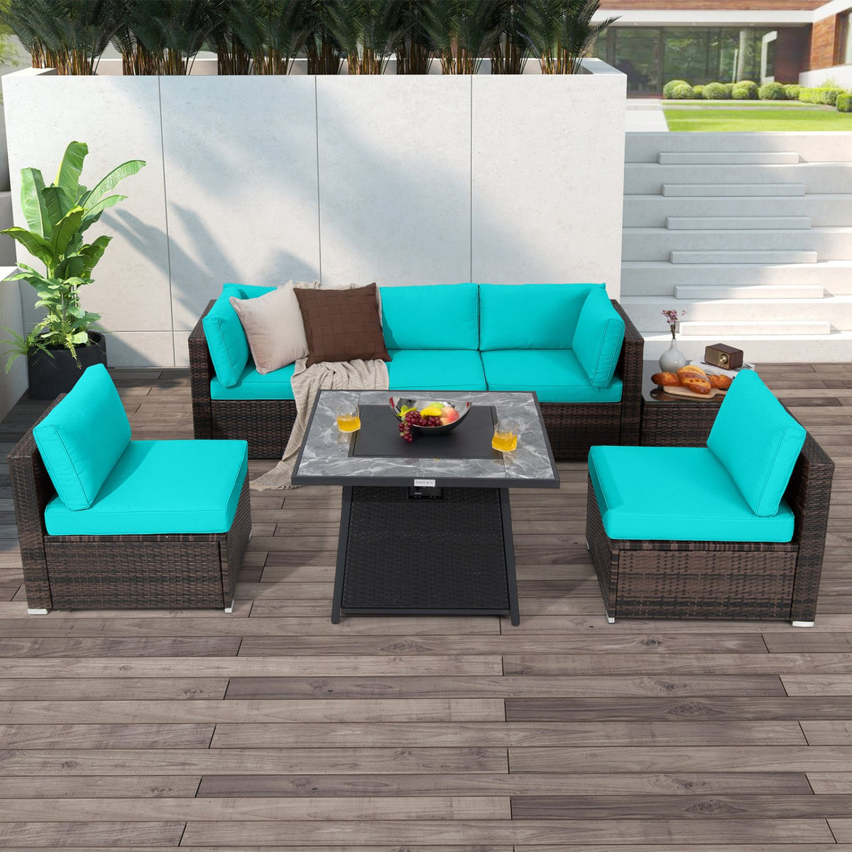 7 Pieces Patio Furniture Set with 35 Inches 50000 BTU Propane Gas Fire Pit Table and Waterproof Cover for Firpit-Turquoise view 3