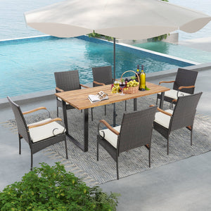 7 Pieces Patio Rattan Dining Set with 2 Inches Umbrella Hole-Curved Handrail view 3