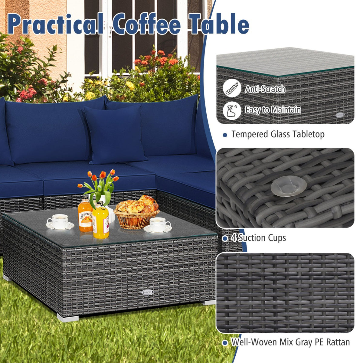 7 Pieces Patio Rattan Furniture Set Sectional Sofa Garden Cushion-Navy view 10
