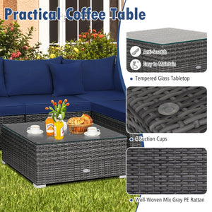 7 Pieces Patio Rattan Furniture Set Sectional Sofa Garden Cushion-Navy view 10