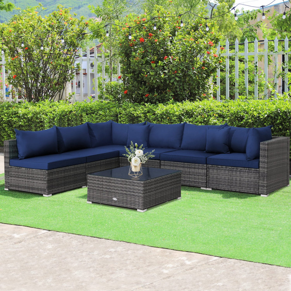 7 Pieces Patio Rattan Furniture Set Sectional Sofa Garden Cushion-Navy view 2