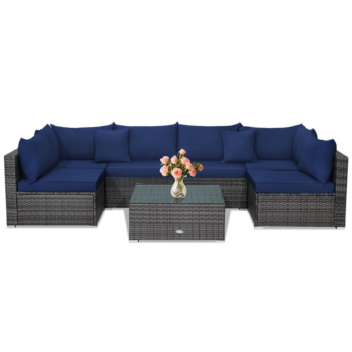 7 Pieces Patio Rattan Furniture Set Sectional Sofa Garden Cushion-Navy view 4