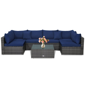 7 Pieces Patio Rattan Furniture Set Sectional Sofa Garden Cushion-Navy view 4