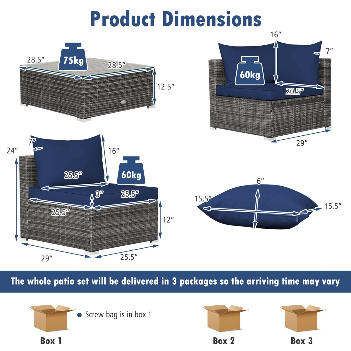7 Pieces Patio Rattan Furniture Set Sectional Sofa Garden Cushion-Navy view 5