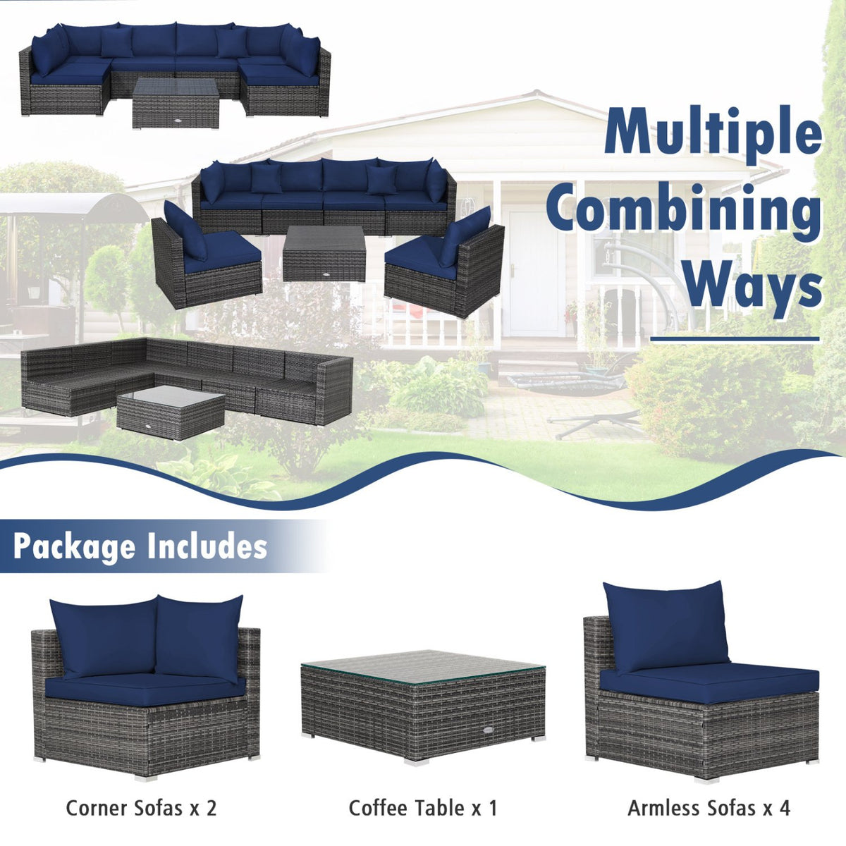 7 Pieces Patio Rattan Furniture Set Sectional Sofa Garden Cushion-Navy view 6