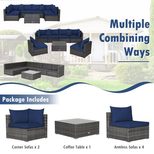 7 Pieces Patio Rattan Furniture Set Sectional Sofa Garden Cushion-Navy view 6