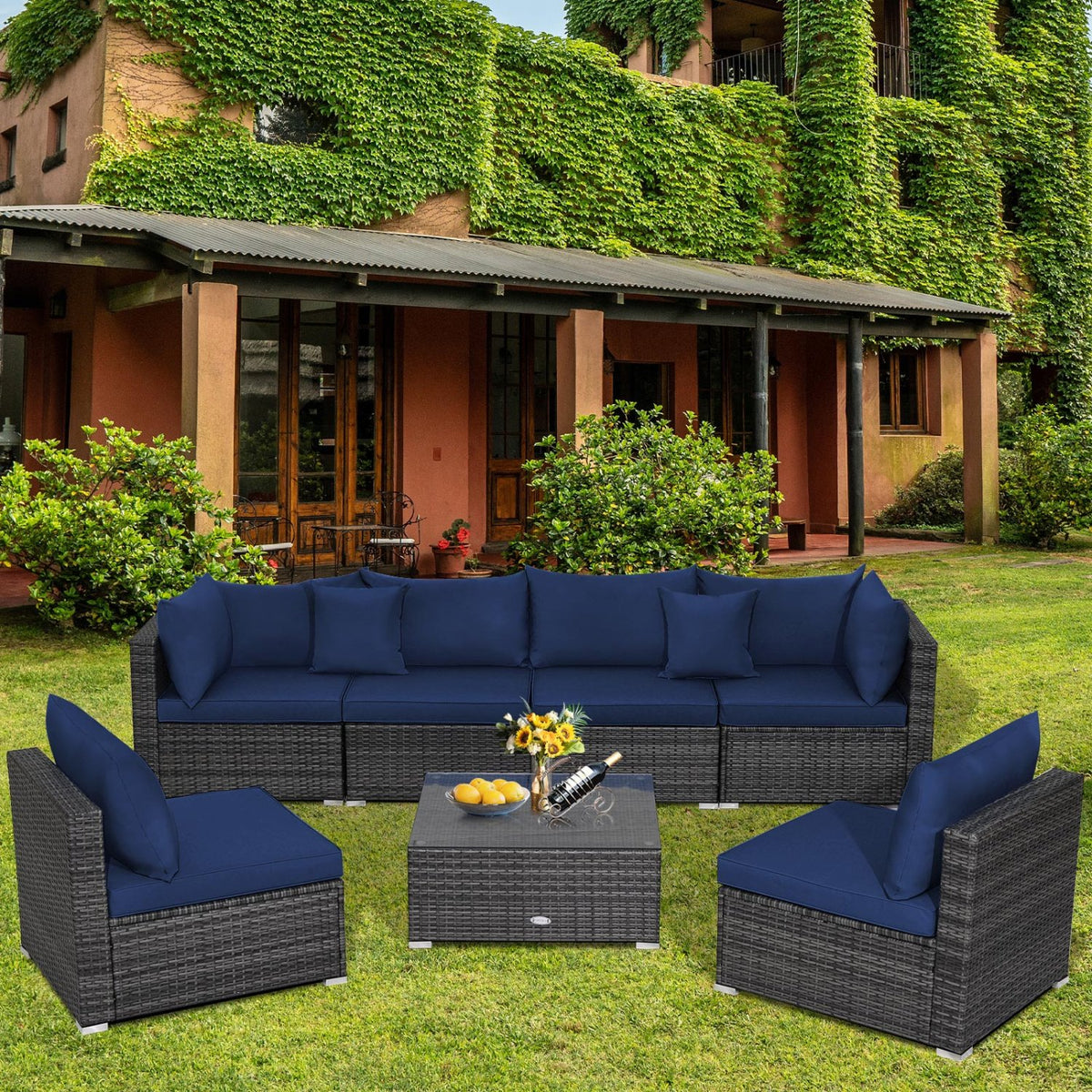 7 Pieces Patio Rattan Furniture Set Sectional Sofa Garden Cushion-Navy view 7
