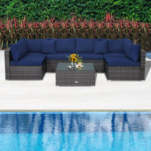 7 Pieces Patio Rattan Furniture Set Sectional Sofa Garden Cushion-Navy view 8