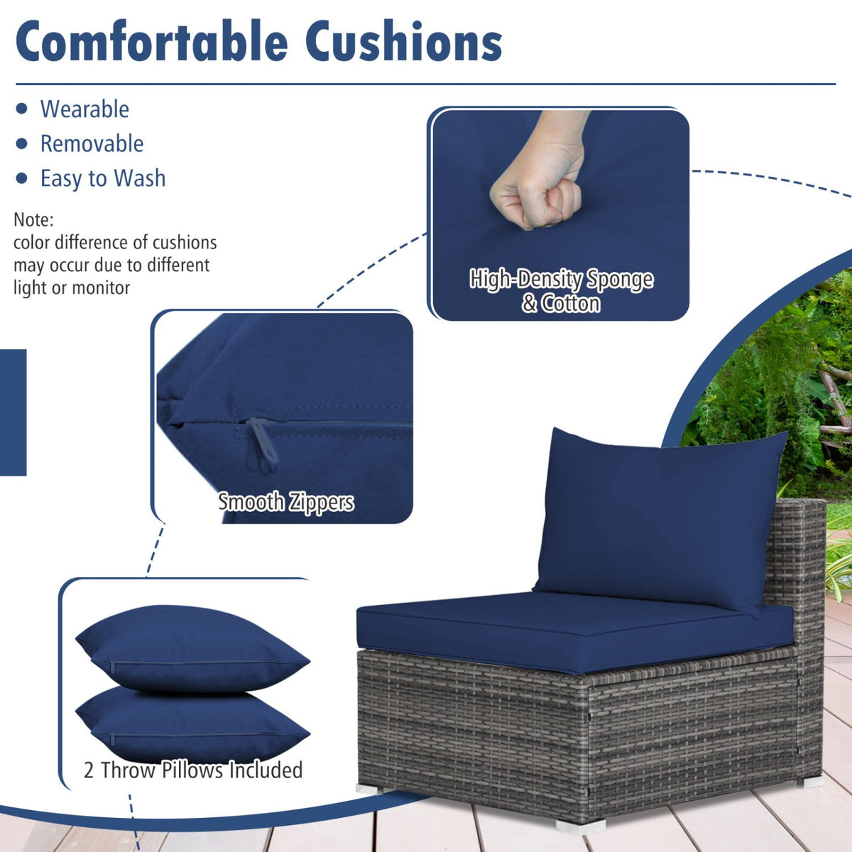 7 Pieces Patio Rattan Furniture Set Sectional Sofa Garden Cushion-Navy view 9