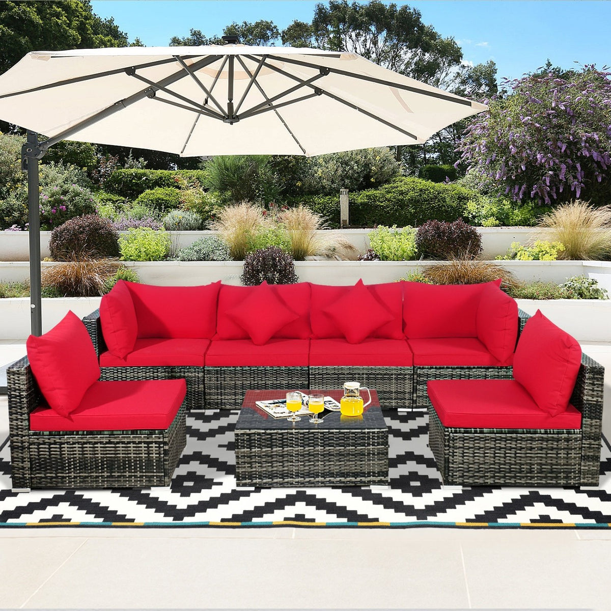 7 Pieces Patio Rattan Furniture Set Sectional Sofa Garden Cushion-Red view 2