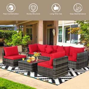 7 Pieces Patio Rattan Furniture Set Sectional Sofa Garden Cushion-Red view 3