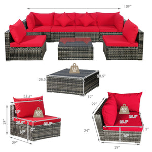 7 Pieces Patio Rattan Furniture Set Sectional Sofa Garden Cushion-Red view 4
