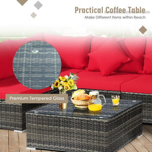7 Pieces Patio Rattan Furniture Set Sectional Sofa Garden Cushion-Red view 5