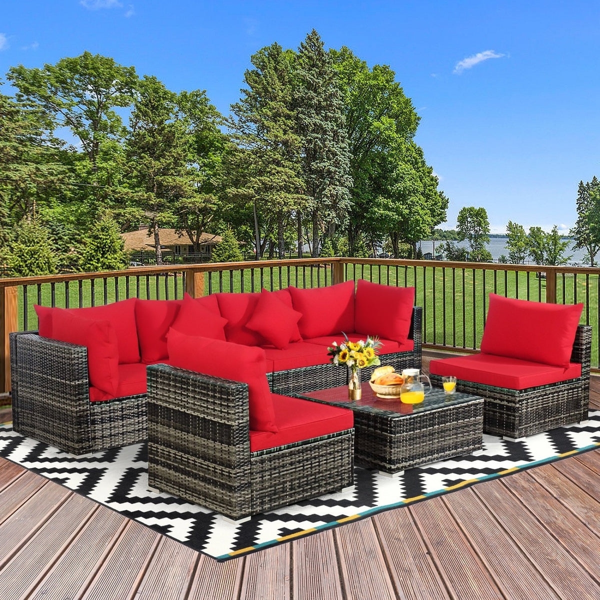 7 Pieces Patio Rattan Furniture Set Sectional Sofa Garden Cushion-Red view 6