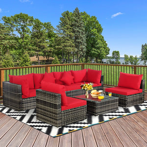 7 Pieces Patio Rattan Furniture Set Sectional Sofa Garden Cushion-Red view 6