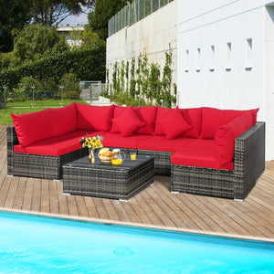 7 Pieces Patio Rattan Furniture Set Sectional Sofa Garden Cushion-Red view 7