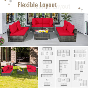 7 Pieces Patio Rattan Furniture Set Sectional Sofa Garden Cushion-Red view 8