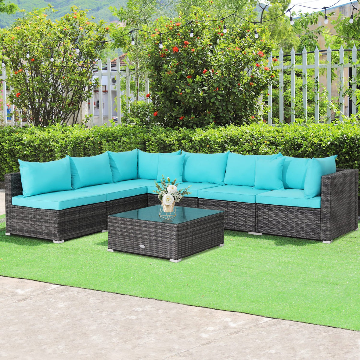 7 Pieces Patio Rattan Furniture Set with Sectional Sofa Cushioned-Turquoise view 2