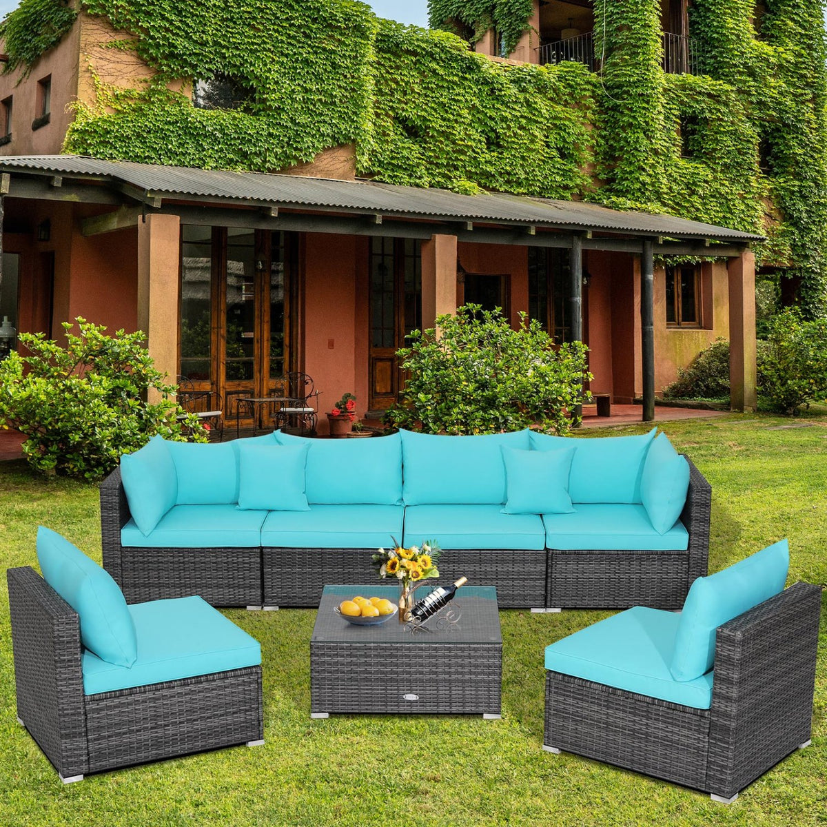 7 Pieces Patio Rattan Furniture Set with Sectional Sofa Cushioned-Turquoise view 3