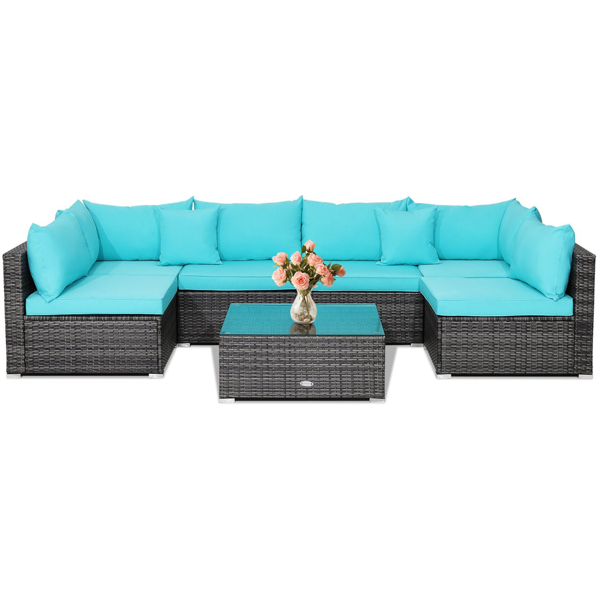 7 Pieces Patio Rattan Furniture Set with Sectional Sofa Cushioned-Turquoise view 4