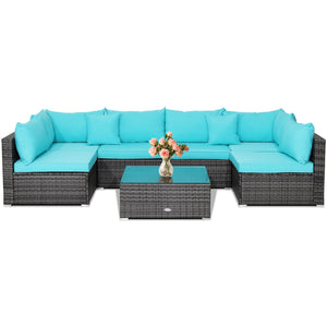 7 Pieces Patio Rattan Furniture Set with Sectional Sofa Cushioned-Turquoise view 4