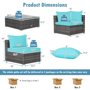7 Pieces Patio Rattan Furniture Set with Sectional Sofa Cushioned-Turquoise view 5