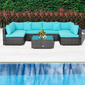 7 Pieces Patio Rattan Furniture Set with Sectional Sofa Cushioned-Turquoise view 6