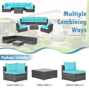 7 Pieces Patio Rattan Furniture Set with Sectional Sofa Cushioned-Turquoise view 7