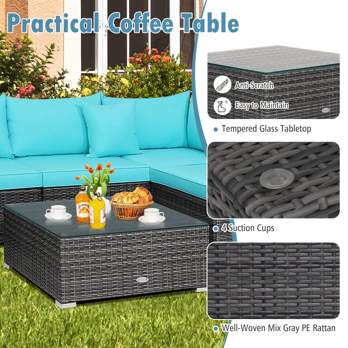7 Pieces Patio Rattan Furniture Set with Sectional Sofa Cushioned-Turquoise view 9