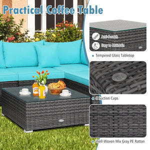 7 Pieces Patio Rattan Furniture Set with Sectional Sofa Cushioned-Turquoise view 9