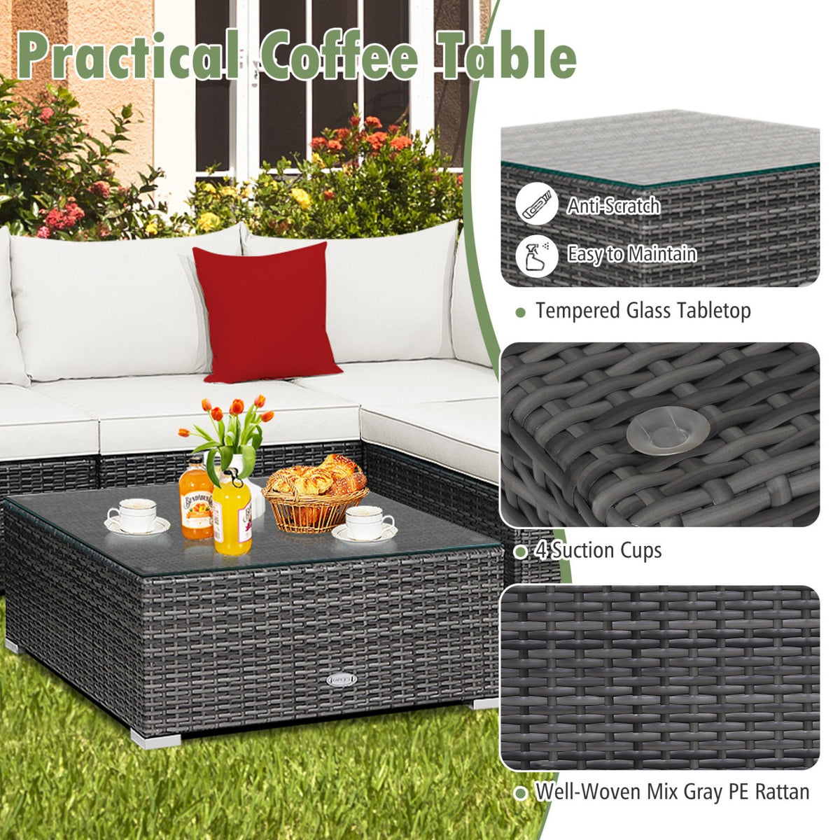 7 Pieces Patio Rattan Furniture Set Sectional Sofa Garden Cushion-White view 10