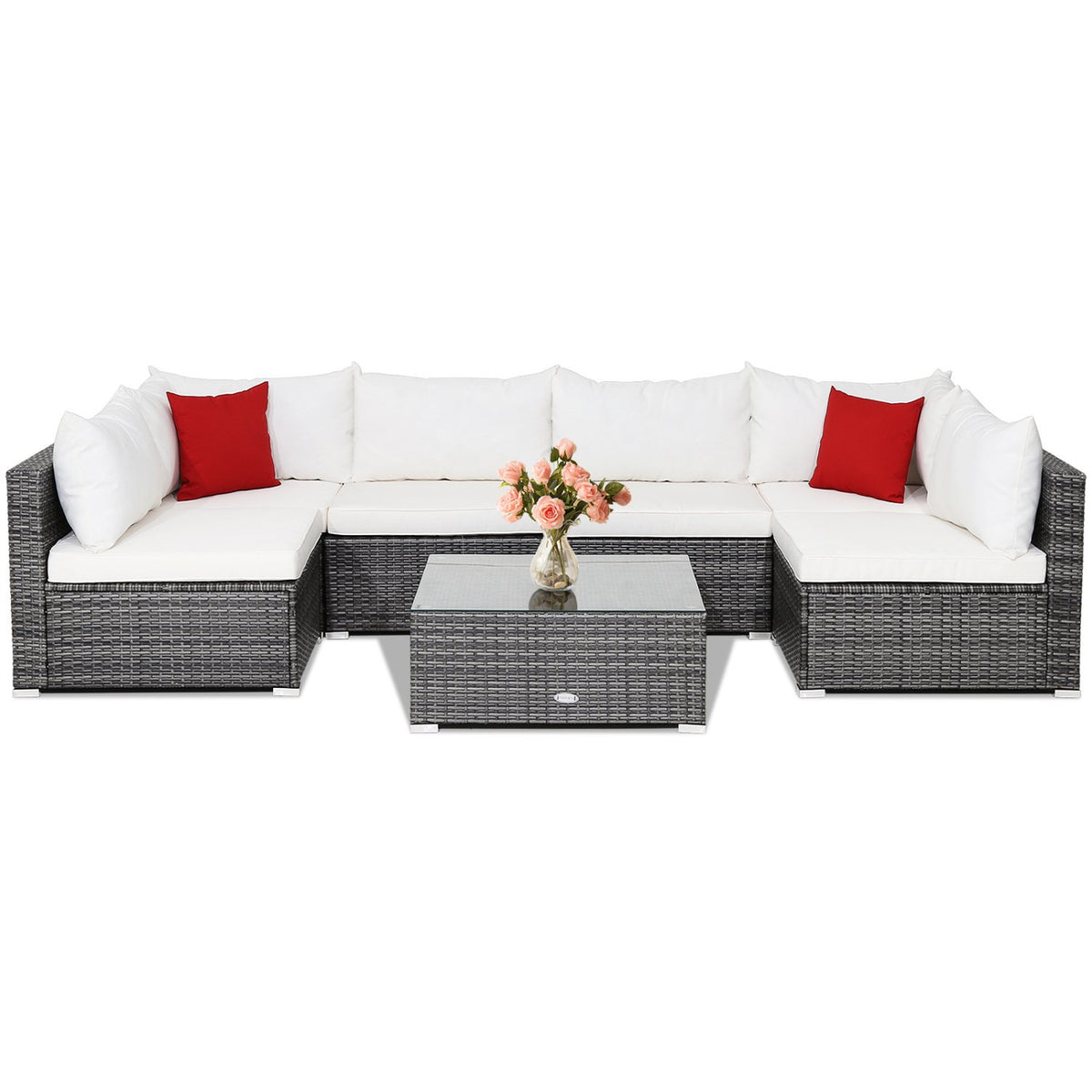 7 Pieces Patio Rattan Furniture Set Sectional Sofa Garden Cushion-White view 4
