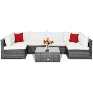 7 Pieces Patio Rattan Furniture Set Sectional Sofa Garden Cushion-White view 4