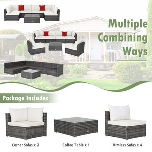 7 Pieces Patio Rattan Furniture Set Sectional Sofa Garden Cushion-White view 6