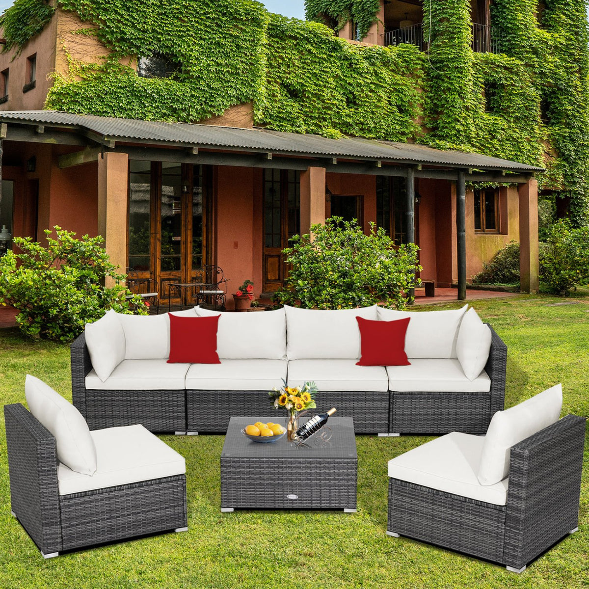 7 Pieces Patio Rattan Furniture Set Sectional Sofa Garden Cushion-White view 7