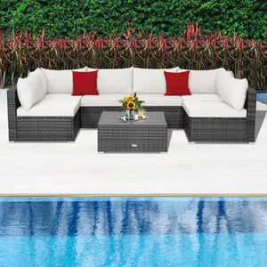 7 Pieces Patio Rattan Furniture Set Sectional Sofa Garden Cushion-White view 8