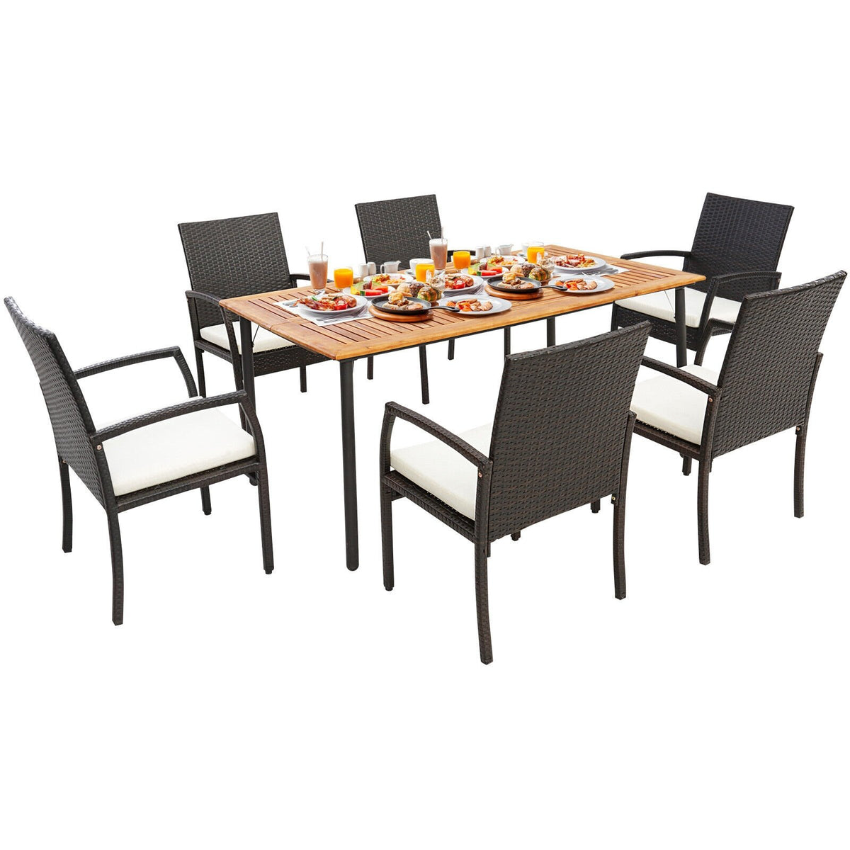 7 Pieces Patio Wicker Cushioned Dining Set with Umbrella Hole view 3